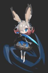 Rule 34 | 1girl, absurdres, animal ears, assassin rabbit, barefoot, black background, black camisole, blue eyes, blue skirt, brown hair, camisole, closed mouth, commentary, english commentary, expressionless, flra, full body, gloves, grey skirt, hair between eyes, hair over one eye, highres, holding, holding knife, knife, long bangs, looking at viewer, multicolored hair, rabbit and steel, rabbit ears, rabbit girl, red hair, reverse grip, short hair, simple background, single glove, skirt, solo, two-tone hair, two-tone skirt