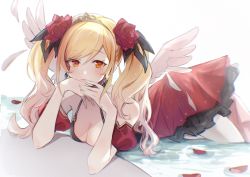 Rule 34 | 1girl, angel wings, arm support, azur lane, ballet dress, bare shoulders, black ribbon, blonde hair, breasts, cleavage, closed mouth, commentary, detached sleeves, dress, fake wings, feathered wings, flower, hair flower, hair ornament, hair ribbon, hand to own mouth, highres, leonardo da vinci (azur lane), leonardo da vinci (riverside pirouette) (azur lane), long hair, looking at viewer, medium breasts, official alternate costume, orange eyes, petals, petals on liquid, puffy short sleeves, puffy sleeves, red dress, ribbon, rose, rose petals, short sleeves, solo, star (ensm7883), swept bangs, symbol-only commentary, twintails, wings