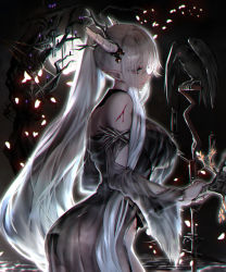 Rule 34 | 1girl, arknights, bare shoulders, bird, bleeding, blood, commentary, crow, cuts, from side, full moon, highres, horns, injury, long hair, long sleeves, looking at viewer, moon, official alternate costume, pointy ears, ponytail, profile, resolution mismatch, shining (arknights), shining (silent night) (arknights), silver hair, solo, source smaller, staff, sugawo, very long hair, wide sleeves