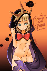 Rule 34 | 10s, 1girl, arima natsubon, blue eyes, blunt bangs, cagliostro (granblue fantasy), cape, crown, flat chest, granblue fantasy, highres, long hair, looking at viewer, naked cape, navel, ribbon, smile, solo, trick or treat
