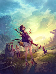 2boys 4girls absurdres ahoge atelier_(series) atelier_yumia benitama black_hair black_jacket highres holding holding_staff isla_von_duerer jacket lenja looking_at_viewer multiple_boys multiple_girls nina_friede official_art outdoors purple_eyes rutger_arendt second-party_source short_hair solo_focus staff standing textless_version viktor_von_duerer yumia_liessfeldt