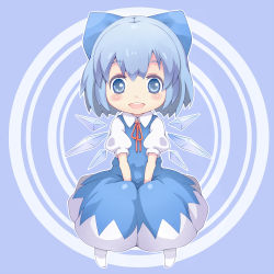 Rule 34 | 1girl, bad id, bad pixiv id, blue eyes, blue hair, bow, cirno, detached wings, hair bow, ice, ice wings, matching hair/eyes, open mouth, puffy sleeves, shiitake (mm0820), short hair, short sleeves, solo, touhou, wings