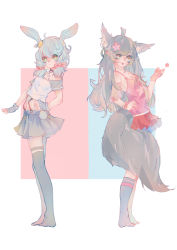 Rule 34 | 2girls, absurdres, animal ears, artist request, bare shoulders, blush, breasts, candy, casual, cat ears, character request, coin, copyright request, detached sleeves, fang, feet, fingerless gloves, fluffy, food, full body, gloves, green eyes, grey hair, hand on own hip, highres, lollipop, long hair, looking at viewer, multiple girls, orange eyes, overalls, rabbit ears, ribbon, school uniform, serious, skirt, small breasts, smile, socks, star (symbol), tail