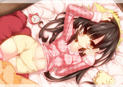 Rule 34 | 1girl, alpaca, animal ears, animal hat, arm up, bad id, bad pixiv id, bed, black hair, blanket, blunt bangs, blush, bow, boxer briefs, breasts, brown eyes, brown hair, cat hat, clock, clothes pull, cowboy shot, dutch angle, fake animal ears, frills, from above, hand on own head, hat, indoors, lace, letterboxed, long hair, long sleeves, looking at viewer, lying, male underwear, midriff, navel, on back, on bed, orange eyes, original, pajamas, pants, pants pull, plaid, polka dot, revision, shirt, shugami, sleeve cuffs, small breasts, solo, stuffed animal, stuffed toy, thigh gap, thighs, underwear, wooden floor