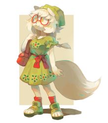 Rule 34 | 1girl, :3, absurdres, animal ears, bag, beanie, bow, braid, closed mouth, colored skin, commentary, contrapposto, dress, english commentary, full body, furry, furry female, glasses, green dress, green hat, hat, highres, original, red bow, round eyewear, sandals, shoulder bag, signature, smile, solo, standing, sui (suizilla), tail, white hair, white skin