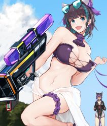 Rule 34 | 2girls, :d, animal ears, arknights, azur lane, bare shoulders, baseball cap, bikini, black hair, black jacket, blue eyes, blue hair, blue sky, blunt bangs, blush, breasts, ch&#039;en (arknights), ch&#039;en the holungday (arknights), cheshire (azur lane), cheshire (summery date!) (azur lane), choker, cleavage, cloud, collarbone, commentary request, cowboy shot, crossover, day, dragon girl, dragon horns, dragon tail, earrings, eyewear on head, eyewear on headwear, fake animal ears, green hair, grey shorts, gun, hair between eyes, hat, highres, holding, holding gun, holding weapon, horns, horns through headwear, ishigami shizuka, jacket, jewelry, large breasts, long hair, long ribbon, long sleeves, looking at viewer, marshall k, micro shorts, midriff, multicolored hair, multiple girls, navel, official alternate costume, open mouth, outdoors, partial commentary, purple bikini, purple choker, ribbon, sarong, shaded face, short hair, shorts, sidelocks, sky, smile, solo focus, standing, standing on one leg, strapless, strapless bikini, streaked hair, sunglasses, swimsuit, tail, thigh strap, tinted eyewear, voice actor connection, water gun, weapon, wrist ribbon