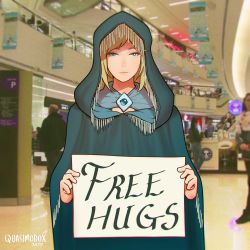 Rule 34 | 1girl, absurdres, alt text, blonde hair, breasts, cloak, closed mouth, dress, elden ring, fia the deathbed companion, free hugs, highres, hood, hood up, hooded cloak, large breasts, long hair, long sleeves, looking at viewer, photo background, quasimodox, real life, solo