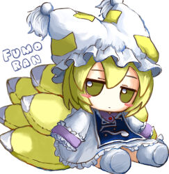 Rule 34 | 1girl, absurdres, animal ears, animal hat, blonde hair, blue tabard, blush stickers, character name, chibi, chibi only, closed mouth, dress, fox tail, frilled dress, frills, full body, fumo (doll), hat, hat tassel, highres, jitome, looking at viewer, multiple tails, ofuda, ofuda on clothes, simple background, sitting, sleeves past fingers, sleeves past wrists, socks, solo, stitches, tabard, tail, touhou, white background, white dress, white hat, white socks, yakumo ran, yakumora n, yellow eyes