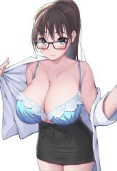 Rule 34 | 1girl, absurdres, bare shoulders, black-framed eyewear, blue bra, blush, bra, breasts, brown hair, cleavage, closed mouth, clothes pull, collarbone, cowboy shot, dress shirt, eyebrows hidden by hair, floral print, glasses, green eyes, hair between eyes, highres, himeliofon, huge breasts, long hair, looking at viewer, miniskirt, mole, mole on breast, office lady, open clothes, open shirt, original, pencil skirt, pointy breasts, ponytail, shirt, shirt pull, simple background, skirt, solo, underwear, undressing, upturned eyes, white background, white shirt