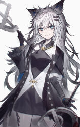 Rule 34 | 1girl, absurdres, animal ears, aqua eyes, arknights, bad id, bad pixiv id, black coat, black dress, black gloves, breasts, chain, coat, commentary request, cowboy shot, diieru, dress, gloves, grin, hair between eyes, hair ornament, hairclip, highres, holding, holding sword, holding weapon, jacket, jewelry, lappland (arknights), lappland (refined horrormare) (arknights), long hair, looking at viewer, material growth, necklace, official alternate costume, oripathy lesion (arknights), parted lips, scar, scar across eye, scar on face, short dress, silver hair, sitting, small breasts, smile, solo, sword, weapon, white jacket