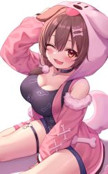 Rule 34 | 1girl, animal ears, animal hood, black collar, blush, bone hair ornament, breasts, bridal garter, brown eyes, brown hair, cartoon bone, cleavage, collar, commentary request, deaver, detached sleeves, dog ears, dog girl, dog hood, dog tail, fangs, hair ornament, highres, hololive, hood, hooded jacket, inugami korone, inugami korone (loungewear), jacket, large breasts, looking at viewer, official alternate costume, one eye closed, open mouth, pink jacket, simple background, sitting, smile, solo, tail, thighs, virtual youtuber, white background