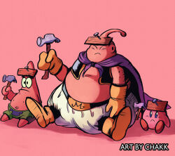 Rule 34 | 3boys, absurdres, artist name, cape, chakkrx, color connection, commentary request, crossover, dragon ball, dragonball z, fat buu, frown, hammer, highres, holding, holding hammer, kirby, kirby (series), majin buu, male focus, multiple boys, multiple crossover, nail, navel, nintendo, patrick star, pink background, plank, purple cape, sitting, spongebob squarepants (series), vest, wood