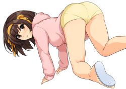 Rule 34 | 1girl, all fours, alternate costume, ass, bare legs, bow, breasts, brown eyes, brown hair, commentary request, dutch angle, from behind, hairband, haruhisky, hood, hood down, hoodie, long sleeves, looking at viewer, looking back, medium breasts, medium hair, open mouth, orange bow, orange hairband, pink hoodie, short shorts, shorts, simple background, sleeves past wrists, solo, suzumiya haruhi, suzumiya haruhi no yuuutsu, thighs, white background, yellow shorts