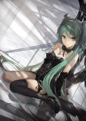 1girl bad_id bad_pixiv_id black_footwear black_thighhighs bow breasts detached_sleeves dutch_angle female_focus green_eyes green_hair hatsune_miku highres kieed long_hair matching_hair/eyes parted_lips reflection revision shoes single_thighhigh sitting small_breasts solo thighhighs twintails very_long_hair vocaloid wariza