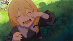 Rule 34 | 1boy, artist request, blonde hair, crying, grass, hair between eyes, highres, honkai (series), honkai impact 3rd, long hair, long sleeves, official art, open mouth, otto apocalypse, outdoors, purple shirt, rubbing eyes, shadow, shirt, side ponytail, solo, tears, teeth