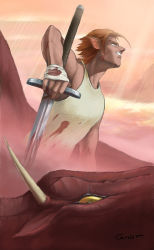 Rule 34 | 1boy, abrakadabra2012, bandages, blood, cow, gradient background, looking up, male focus, orange hair, outdoors, pointy ears, short hair, sky, smile, solo, sword, weapon