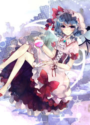 Rule 34 | 1girl, ascot, bad id, bad pixiv id, bat wings, blue hair, bow, cup, frills, ginzuki ringo, hat, highres, holding, looking at viewer, mob cap, red eyes, remilia scarlet, short hair, smile, solo, teacup, touhou, wings