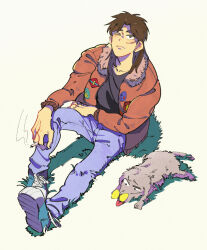 Rule 34 | 1boy, black eyes, black shirt, blue footwear, blue pants, bomber jacket, brown hair, brown jacket, bug, butterfly, cigarette, closed mouth, commentary request, dog, expressionless, fingernails, full body, grass, grey background, holding, holding cigarette, insect, inudori, itou kaiji, jacket, kaiji, long hair, long sleeves, looking up, male focus, medium bangs, one eye closed, open clothes, open jacket, pants, parted bangs, patch, shirt, shoes, sitting, smoke, sneakers, solo, yellow butterfly