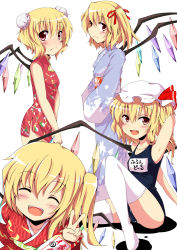 Rule 34 | 4girls, :d, blonde hair, bun cover, chata maru (irori sabou), china dress, chinese clothes, clone, costume chart, double bun, dress, female focus, flandre scarlet, frown, hat, japanese clothes, kimono, multiple girls, name tag, one-piece swimsuit, open mouth, red eyes, school swimsuit, short hair, side ponytail, smile, swimsuit, embodiment of scarlet devil, thighhighs, touhou, white legwear
