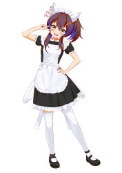 Rule 34 | 1girl, alternate costume, animal ears, ao komhur, apron, black footwear, blue nails, colored inner hair, commentary request, daitaku helios (umamusume), ear covers, ear piercing, enmaided, facial tattoo, full body, hair between eyes, hair ornament, hairclip, heart, heart hair ornament, highres, horse ears, horse girl, looking at viewer, maid, maid apron, maid headdress, mary janes, medium hair, multicolored hair, nail polish, open mouth, piercing, puffy short sleeves, puffy sleeves, shoes, short sleeves, side ponytail, simple background, smile, solo, streaked hair, tattoo, thighhighs, umamusume, v, white apron, white background, white hair, white thighhighs, yellow eyes