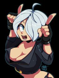 Rule 34 | angel (kof), chibi, cropped jacket, fingerless gloves, gloves, hair over one eye, highres, horns pose, index fingers raised, jacket, leather, leather jacket, snk, the king of fighters, white hair