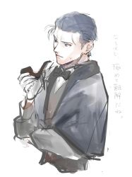 Rule 34 | 1boy, black bow, black bowtie, blue eyes, blue hair, bow, bowtie, capelet, closed mouth, fat, fate/grand order, fate (series), gloves, hair slicked back, highres, holding, holding smoking pipe, male focus, sankomichi, sanpaku, sherlock holmes (fate), short hair, simple background, sketch, smoking pipe, solo, sweat, translation request, white background, white gloves
