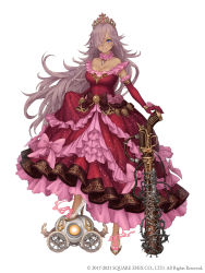 Rule 34 | 1girl, absurdres, antique firearm, barbed wire, blue eyes, blunderbuss, bow, breasts, choker, cinderella (sinoalice), clothes lift, dark-skinned female, dark skin, dress, dress lift, elbow gloves, firearm, frilled dress, frills, full body, glass slipper, gloves, gun, hair over one eye, high heels, highres, ji no, large breasts, long hair, looking at viewer, official art, purple hair, red dress, red gloves, scowl, sinoalice, solo, spiked bat, square enix, standing on object, tiara, very long hair, wagon, waist bow, weapon, white background