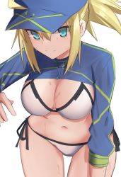 Rule 34 | 1girl, ahoge, artoria pendragon (fate), baseball cap, bikini, blonde hair, blue eyes, blue hat, breasts, cleavage, closed mouth, commentary request, elfenlied22, fate (series), hair between eyes, hair through headwear, hat, highres, jacket, large breasts, leaning forward, long hair, long sleeves, looking at viewer, mysterious heroine x (fate), mysterious heroine xx (fate), navel, ponytail, shrug (clothing), side-tie bikini bottom, sidelocks, simple background, solo, swimsuit, white background, white bikini
