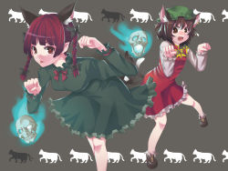 Rule 34 | 2girls, animal ears, bad id, bad pixiv id, braid, cat, cat ears, cat tail, chen, extra ears, female focus, hat, highres, hitoto, kaenbyou rin, looking at viewer, multiple girls, multiple tails, paw pose, ribbon, skull, tail, touhou, twin braids