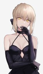 Rule 34 | 1girl, artoria pendragon (all), artoria pendragon (fate), black bow, black dress, black gloves, blonde hair, bow, braid, breasts, dress, elbow gloves, fate/grand order, fate/stay night, fate (series), french braid, gloves, grey background, hair bow, hair bun, highres, meltymaple, saber alter, short dress, single hair bun, sleeveless, sleeveless dress, small breasts, solo, standing, yellow eyes