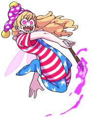 Rule 34 | 1girl, absurdres, american flag dress, american flag legwear, blonde hair, clownpiece, commentary, eddybird55555, fire, full body, hat, highres, holding, holding torch, jester cap, long hair, looking at viewer, purple fire, purple headwear, ringed eyes, sharp teeth, simple background, solo, teeth, torch, touhou, white background, wings