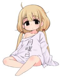 Rule 34 | 1girl, barefoot, black eyes, blonde hair, bottomless, chibi, closed mouth, clothes writing, futaba anzu, idolmaster, idolmaster cinderella girls, long hair, low twintails, moru (monaka), off shoulder, oversized clothes, shirt, simple background, sitting, sleeves past fingers, sleeves past wrists, solo, twintails, very long hair, white background