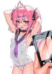 Rule 34 | 1girl, 1other, ahoge, armpit focus, armpits, arms behind head, arms up, black choker, black ribbon, black sailor collar, blush, breasts, cellphone, choker, crossed bangs, earrings, eyelashes, fang, hair between eyes, hair ribbon, highres, holding, holding phone, ixyv, jewelry, looking at viewer, mixed-language commentary, nanja, neckerchief, one-piece swimsuit, original, parted lips, phone, pink hair, purple eyes, purple neckerchief, ribbon, sailor collar, sailor one-piece swimsuit, sidelocks, simple background, skin fang, small breasts, smartphone, solo focus, sweat, swimsuit, two side up, virtual youtuber, white background