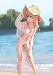 Rule 34 | 1girl, absurdres, bare legs, bare shoulders, bikini, blush, breasts, brown eyes, chinese commentary, commentary, day, feet out of frame, hair between eyes, hand on own knee, hat, highres, joylispark, leaning forward, long hair, looking to the side, navel, onii-chan wa oshimai!, outdoors, oyama mahiro, pink hair, see-through, small breasts, smile, solo, split mouth, stomach, sun hat, swimsuit, water, white bikini, yellow hat