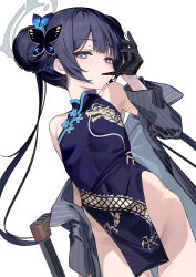 Rule 34 | 1girl, black gloves, black hair, black leotard, blue archive, blush, breasts, butterfly hair ornament, closed mouth, cowboy shot, double bun, dragon print, gloves, grey eyes, grey halo, grey jacket, groin, hair bun, hair ornament, halo, jacket, kisaki (blue archive), leotard, long hair, long sleeves, looking at viewer, open clothes, open jacket, pelvic curtain, shirokitsune, simple background, small breasts, solo, strapless, strapless leotard, striped clothes, striped jacket, twintails, vertical-striped clothes, vertical-striped jacket, white background