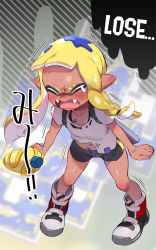 Rule 34 | 1girl, agent 3 (splatoon 3), angry, bike shorts, blonde hair, blush, braid, closed eyes, collarbone, commentary request, domino mask, ear blush, fang, gun, holding, holding gun, holding weapon, inkling, inkling girl, inkling player character, long hair, mask, navel, nintendo, open mouth, paint, shirt, shoes, short sleeves, single braid, solo, splatoon (series), splatoon 3, standing, tentacle hair, ter (otokoter), torn clothes, torn shirt, weapon, white shirt