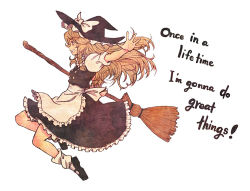 Rule 34 | 1girl, apron, black dress, blonde hair, bow, braid, broom, colored pencil (medium), dress, english text, female focus, grin, hair ribbon, hat, hat bow, kirisame marisa, long hair, lyrics, mary janes, outstretched arm, outstretched hand, puffy sleeves, ribbon, shirt, shoes, short sleeves, smile, solo, terrajin, touhou, traditional media, waist apron, witch, witch hat
