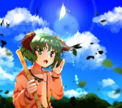 Rule 34 | 1girl, animal ears, bamboo broom, blurry, blurry background, broom, day, dog ears, dress, green eyes, green hair, holding, holding broom, itomugi-kun, kasodani kyouko, leaf, long sleeves, mountain, open mouth, outdoors, pink dress, short hair, solo, touhou