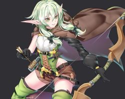 Rule 34 | 10s, 1girl, arrow (projectile), asymmetrical sleeves, black background, black bow, black gloves, boots, bow, bow (weapon), brown shorts, cloak, cowboy shot, elf, gloves, goblin slayer!, green eyes, green hair, hair bow, high elf archer (goblin slayer!), holding, holding weapon, hood, hooded cloak, kaiend, looking to the side, pink lips, pointy ears, shorts, sidelocks, simple background, sleeveless, smile, solo, thigh boots, thighhighs, uneven sleeves, weapon