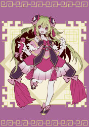 Rule 34 | 1girl, breasts, brown dust 2, chinese clothes, demon girl, demon horns, dress, eyebrows hidden by hair, footwear ribbon, full body, gloves, green hair, hair between eyes, hair ornament, highres, holding, holding microphone, horns, long hair, looking at viewer, microphone, open mouth, pink dress, pink eyes, pink horns, pink ribbon, purple background, ribbon, seir (brown dust), sleeveless, sleeveless dress, small breasts, solo, standing, standing on one leg, thighhighs, tn scallion, very long hair, wavy mouth, white gloves, white thighhighs