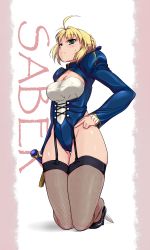 Rule 34 | 1girl, adapted costume, ahoge, alternate breast size, artoria pendragon (fate), blonde hair, blush, breasts, character name, cleavage, cleavage cutout, clothing cutout, covered erect nipples, excalibur (fate/stay night), fate/stay night, fate (series), garter straps, green eyes, hair ribbon, haruhisky, highleg, highleg dress, highres, juliet sleeves, kneeling, long sleeves, puffy sleeves, ribbon, saber (fate), solo, sweatdrop, sword, thigh gap, thighhighs, weapon