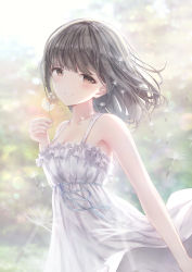 Rule 34 | 1girl, backlighting, bare shoulders, blurry, blurry background, blurry foreground, blush, bokeh, brown eyes, brown hair, collarbone, commentary, dandelion, day, depth of field, dress, flower, grin, hand up, highres, holding, holding flower, lens flare, looking at viewer, medium hair, missile228, original, outdoors, parted lips, sleeveless, sleeveless dress, smile, solo, sundress, white dress