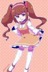 Rule 34 | 10s, 1girl, bad id, bad twitter id, bow, brown eyes, brown hair, center frills, chibimi, chibita, dress, frills, genderswap, genderswap (mtf), hair bow, hairband, inactive account, ittunn, long hair, osomatsu-san, pink background, polka dot, polka dot background, simple background, smile, thighhighs, twintails