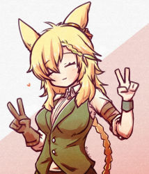 Rule 34 | 1girl, :3, animal ears, antenna hair, arknights, black gloves, blonde hair, braid, braided ponytail, breasts, collared shirt, double v, closed eyes, gloves, green vest, hands up, heart, kroos (arknights), kroos the keen glint (arknights), long hair, looking at viewer, medium breasts, multicolored hair, official alternate costume, rabbit ears, rabbit girl, shirt, simple background, single glove, solo, streaked hair, twitter username, upper body, v, very long hair, vest, white background, white shirt, yodo rado