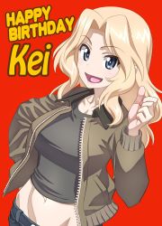 10s 1girl black_shirt blonde_hair blue_eyes brown_jacket character_name english_text female_focus girls_und_panzer hair_intakes hand_on_own_hip happy_birthday highres jacket kay_(girls_und_panzer) long_hair long_sleeves midriff military military_uniform minazuki_juuzou navel open_clothes open_jacket open_mouth red_background saunders_military_uniform shirt simple_background smile solo thumbs_up