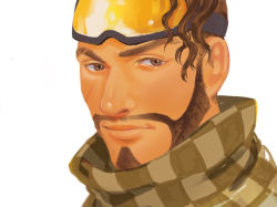 Rule 34 | 1boy, apex legends, brown eyes, brown hair, checkered clothes, checkered scarf, close-up, dark-skinned male, dark skin, facial hair, goatee, goggles, goggles on head, hair behind ear, hillprime, light smile, looking to the side, male focus, mirage (apex legends), realistic, scarf, solo, white background