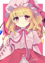 Rule 34 | 1girl, alternate costume, blonde hair, border, bow, bowtie, closed mouth, cowboy shot, crystal, fang, fang out, flandre scarlet, frilled bow, frilled sleeves, frills, happy, hat, hat bow, hat ribbon, head tilt, highres, juliet sleeves, lace, lace-trimmed shirt, lace trim, long sleeves, looking at viewer, medium hair, mob cap, multicolored wings, pink background, pink bow, pink eyes, pink hat, pink ribbon, pink shirt, pink theme, puffy sleeves, ribbon, ribbon-trimmed sleeves, ribbon trim, shinoki sayuki, shirt, signature, skin fang, smile, solo, touhou, white border, wide sleeves, wings