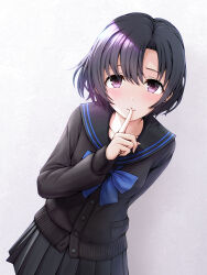 Rule 34 | 1girl, black cardigan, black hair, black sailor collar, black skirt, blue bow, blue bowtie, blush, bow, bowtie, cardigan, closed mouth, collarbone, dot nose, finger to mouth, grey background, hand up, haua, highres, idolmaster, idolmaster cinderella girls, idolmaster cinderella girls starlight stage, index finger raised, leaning forward, looking at viewer, partially unbuttoned, pleated skirt, purple eyes, sailor collar, school uniform, shiragiku hotaru, short hair, simple background, skirt, smile, solo