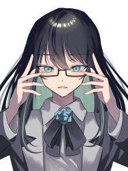 Rule 34 | 1girl, absurdres, adjusting eyewear, ado (utaite), bespectacled, black bow, black bowtie, black hair, black jacket, blue eyes, bow, bowtie, chando (ado), collared shirt, colored inner hair, commentary, formal, glasses, green hair, hair between eyes, hands up, highres, jacket, long hair, long sleeves, looking at viewer, mole, mole under eye, multicolored hair, niconico, parted lips, semi-rimless eyewear, shirt, sidelocks, simple background, solo, tsukuno tsuki, under-rim eyewear, upper body, utaite, white background, white shirt