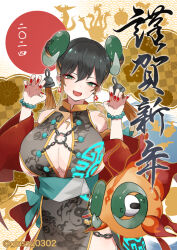Rule 34 | 1girl, absurdres, arms up, artist name, bare shoulders, black dress, black hair, bracelet, breasts, brown hair, chi-yu (pokemon), china dress, chinese clothes, cleavage cutout, clothing cutout, creatures (company), detached sleeves, double bun, dress, fang, game freak, glassy0302, green eyes, hair bun, hair ornament, highres, jewelry, kuraishi rinngo, large breasts, looking at viewer, multicolored hair, nintendo, open mouth, original, pokemon, pokemon (creature), print dress, red nails, red sleeves, sidelocks, translation request, two-tone hair, watermark